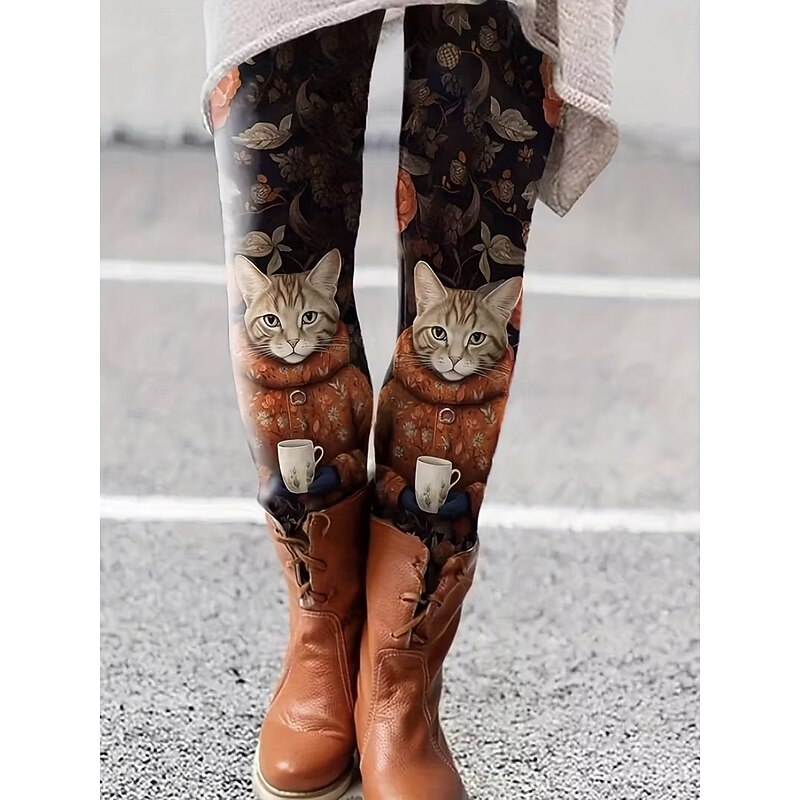 Women's Leggings Vacation Vintage Fashion Full Length High Waist Graphic Animal Cat Printing Thermal Warm Soft Breathable Stretchy Formal Outdoor Vacation Black Brown Gray Spring Fall Slim Fit