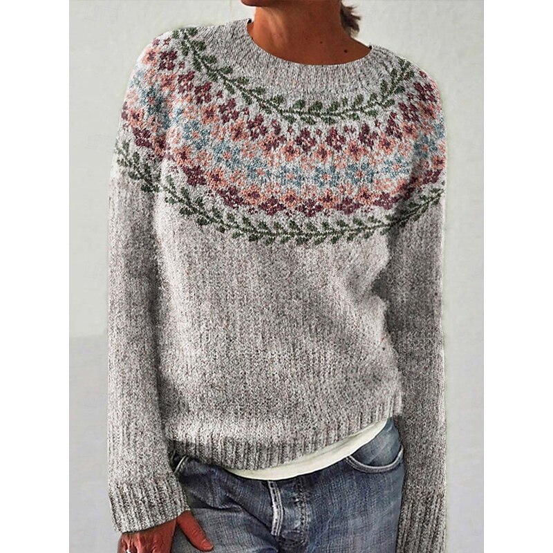Women's Fair Isle Sweater Pullover Elegant Vintage Streetwear Geometric Ribbed Crew Neck Floral Long Sleeve Regular Tops Knit School Outdoor Home Blue Green Spring Fall3