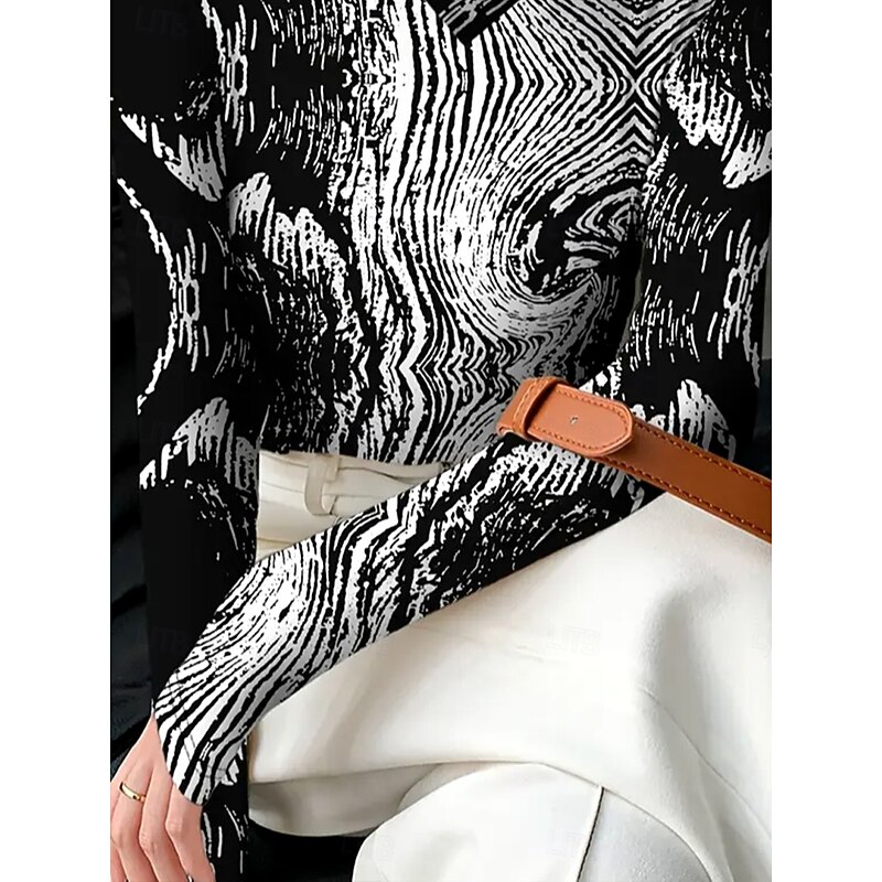 Women's T Shirt Graphic Marble Elegant Vintage Stylish Long Sleeve Turtleneck High Neck Asymmetric Neck Regular Tops Daily Print Black and White Spring Fall Winter3