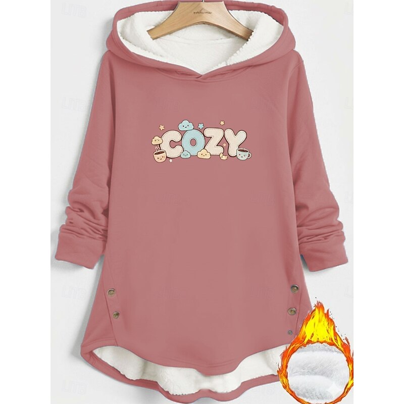 Women's Pullover Hoodie Sweatshirt Letter Warm Casual Long Sleeve Hooded Long Tops Street Dailywear Holiday Buttons Print Black Dark Pink Blue Fall Winter3