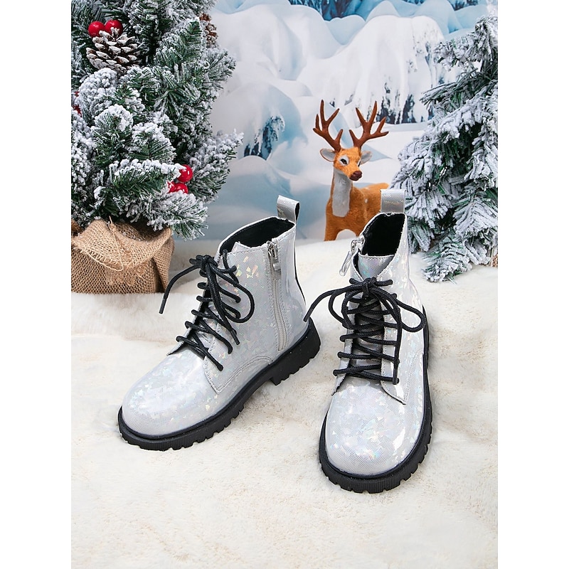 Korean Idol Inspired Pop Star Costume Shoes Girls' Silver Glitter Combat Boots with Lace-Up Design, Side Zipper, Non-Slip Sole Winter Fashion Footwear for Stage Performance and Casual Wear4