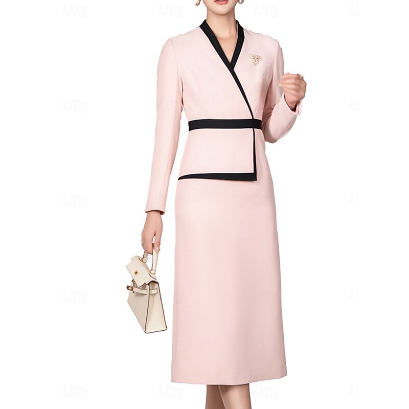 Sheath / Column Mother of the Bride Dress Elegant Vintage V Neck Tea Length Satin Long Sleeve with Color Block4