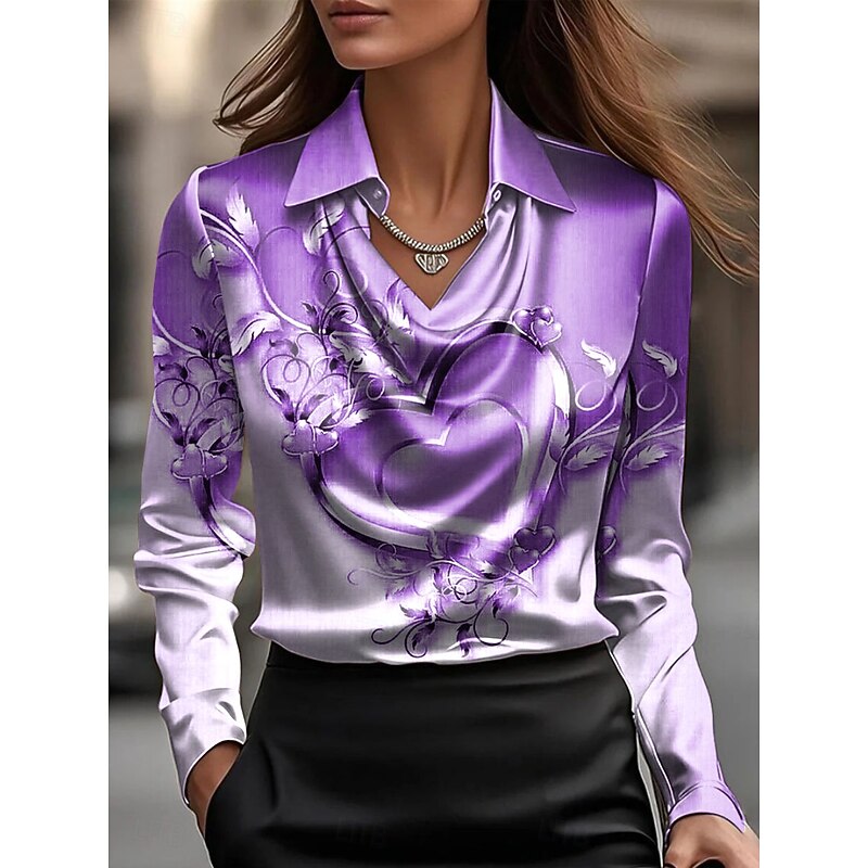 Valentine's Day Women's Shirt Dressy Tops Formal Work Shirt Heart Floral Graphic Elegant Stylish Long Sleeve Cowl Neck Regular Tops Party Evening Wear Daily Ruched Draped Pink Blue Purple Green Fall4
