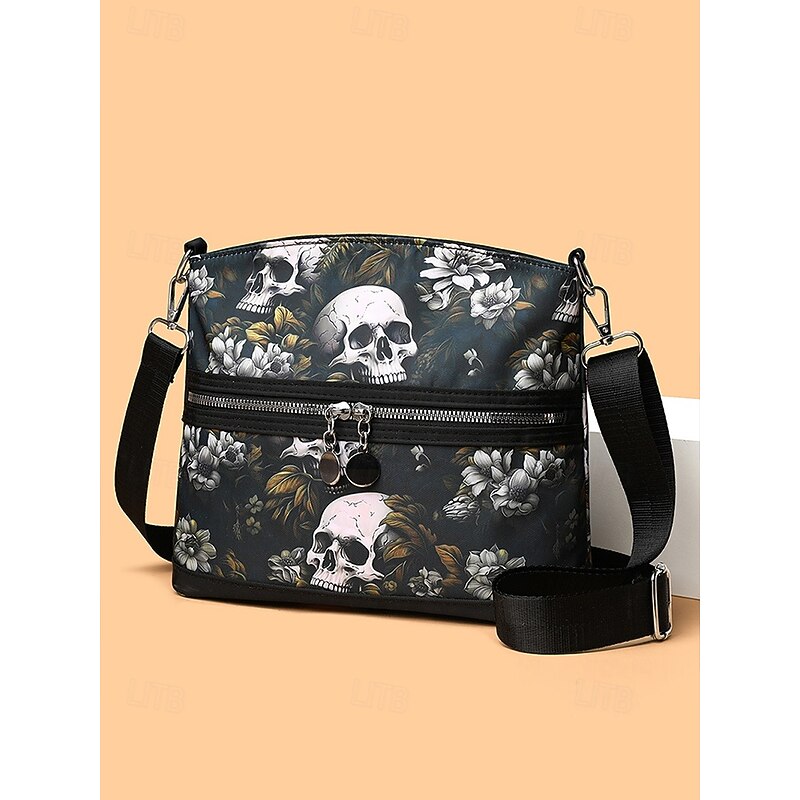 Women's Skull Print Crossbody Shoulder Bag – Gothic Floral Pattern, Casual Faux Leather Handbag for Halloween Party and Daily Use4
