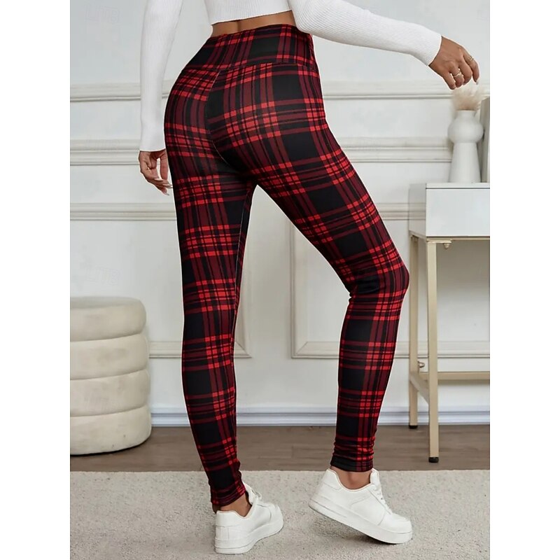 Women's Fleece Pants Chinos Leggings Fashion Streetwear Basic Full Length High Waist Plaid Printing Comfy Soft Comfortable High Elasticity Outdoor Street Red Gray Spring Fall Winter Regular Fit3