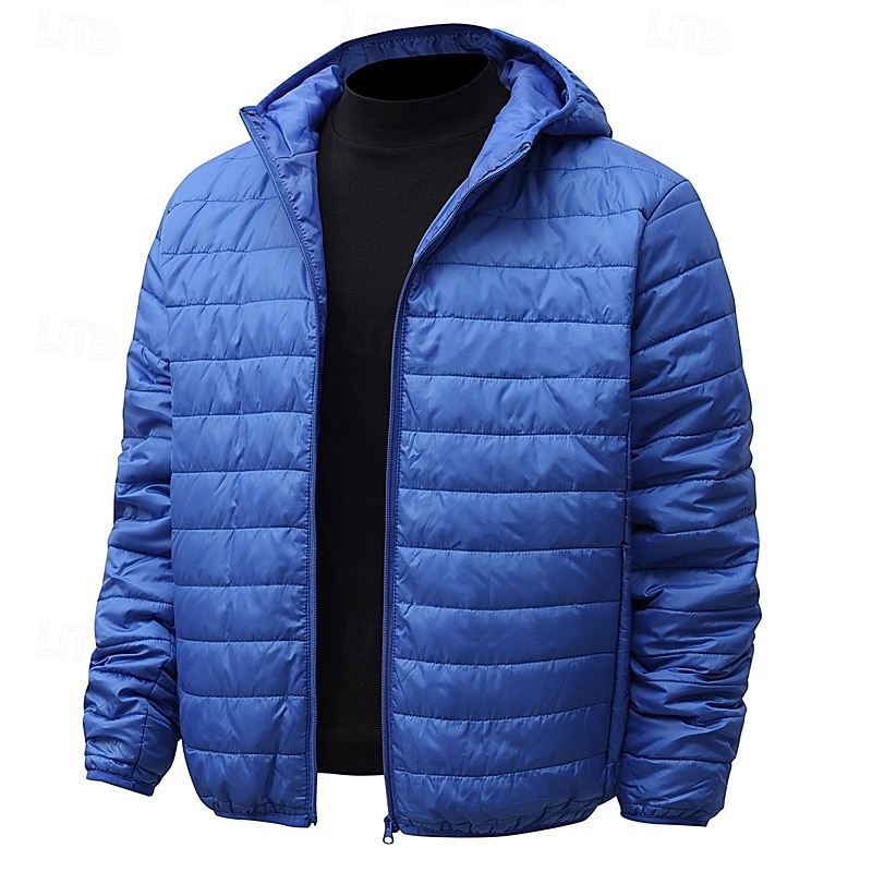 Men's Winter Coat Puffer Jacket Pocket Polyster Vacation Daily Wear Date Regular Fashion Casual Comfortable Thermal Warm Fall Winter Solid / Plain Color Black Red Blue Light Grey Puffer Jacket