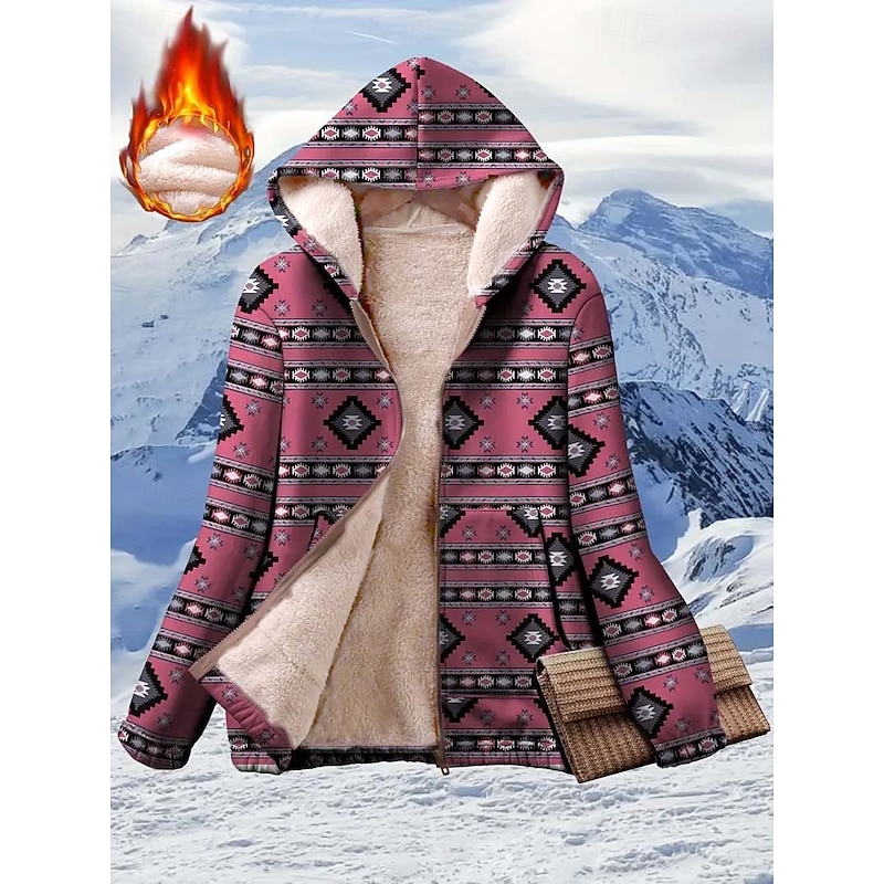 Women's Zip Up Hoodies Graphic Geometric Paisley Elegant Warm Vintage Long Sleeve Hooded Regular Tops Home Work Street Patchwork Zipper Print Red Spring Fall Winter