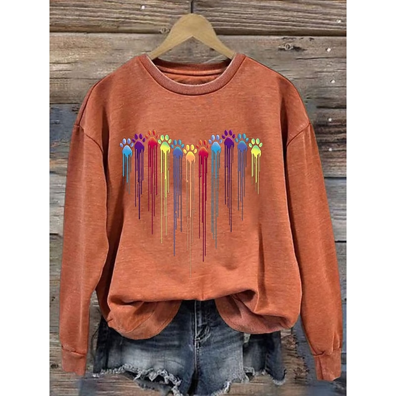 Women's Pullover Graphic Animal Warm Classic Casual Long Sleeve Crew Neck Regular Tops Home Street Dailywear Print White Pink Blue Orange Green Spring Fall Winter