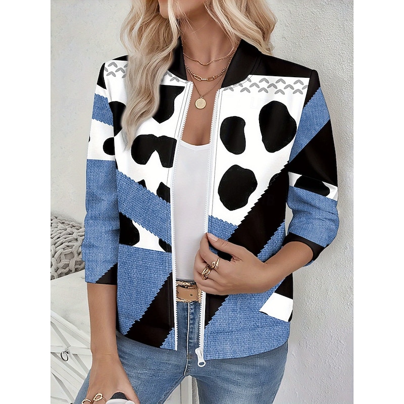 Women's Casual Jacket Warm Quick Dry Zipper Pocket Elegant Fashion Daily Simple Geometric Vacation Casual Daily Holiday Regular Baseball Collar Regular Fit Long Sleeve Outerwear Black Yellow Blue