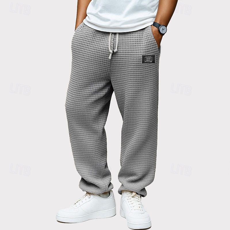 Men's Waffle Sweatpants Trousers Baggy Pants Casual Pants Drawstring Straight Leg Solid Color Comfort Full Length Outdoor Casual Daily Fashion Retro Vintage Black White Stretchy4