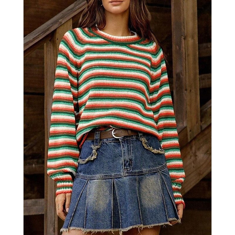 Women's Sweater Pullover Fashion Casual Striped Ribbed Crew Neck Knitted Long Sleeve Regular Tops Knit Outdoor Daily Weekend Green Fall Winter4