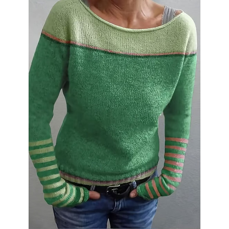 Women's Sweater Casual Soft Striped Ribbed Boat Neck Knitted Long Sleeve Regular Tops Knit Outdoor Daily Weekend Blue Purple Fall Winter2