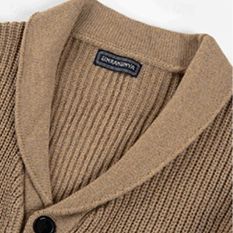 Men's Sweater Cardigan Sweater Ribbed Knit Regular Tops Knitted Plain Shawl Collar Vacation Fashion Casual Daily Wear Clothing Apparel Spring &  Fall khaki M L XL3