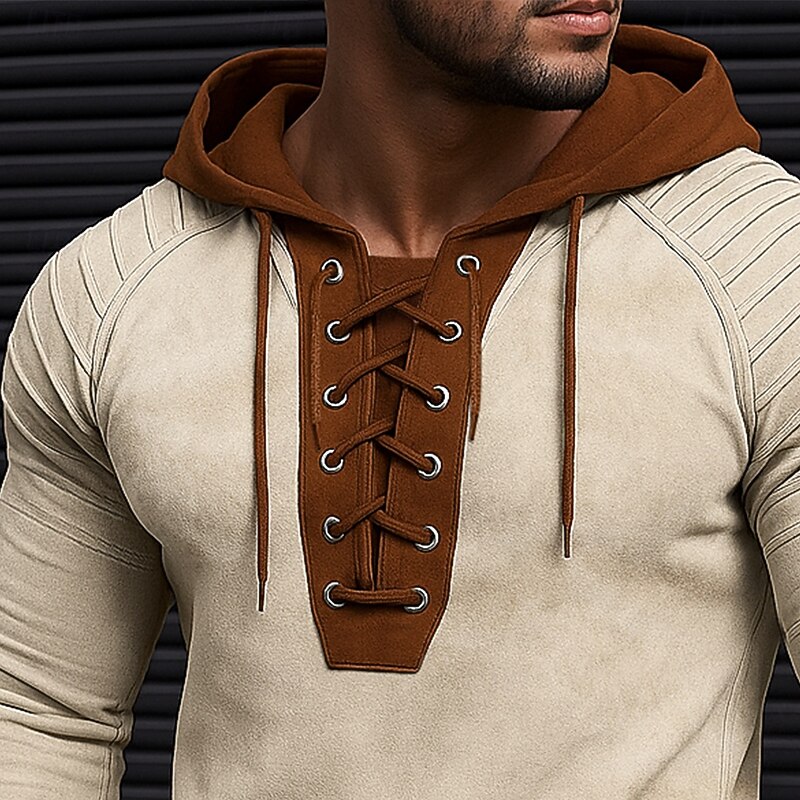 Men's T Shirt Tee Top Long Sleeve Shirt Long Sleeve Hooded Spring &  Fall All Seasons Color Block Slim Pleated Fashion Designer Sporty Drawstring Patchwork Vacation Street Casual Black Gray khaki Top4