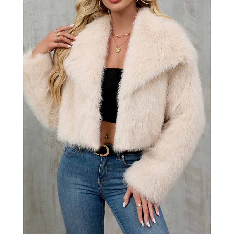 Women's Faux Fur Coat Warm Comfortable Furs & Leathers Casual Plain Vacation Street Holiday Going out Short Turndown Regular Fit Long Sleeve Outerwear Black Wine Apricot Fall Winter