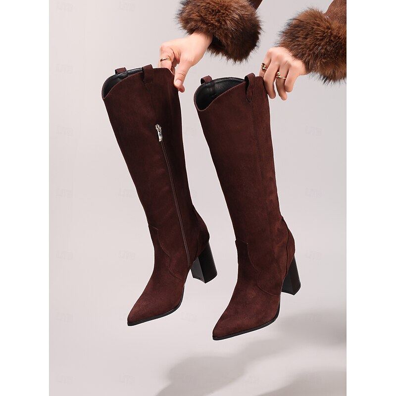 Women's Brown Suede Knee-High Boots with Block Heel – Pointed Toe Western Style Tall Boots for Fall Outfits, Office Wear and Daily Street Fashion4