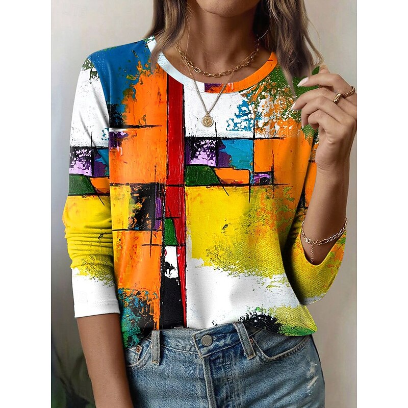 Women's T Shirt Graphic Geometric Vintage Fashion Stylish Long Sleeve Crew Neck Round Neck Regular Tops Daily Weekend Print Blue Purple Orange Summer Spring Fall