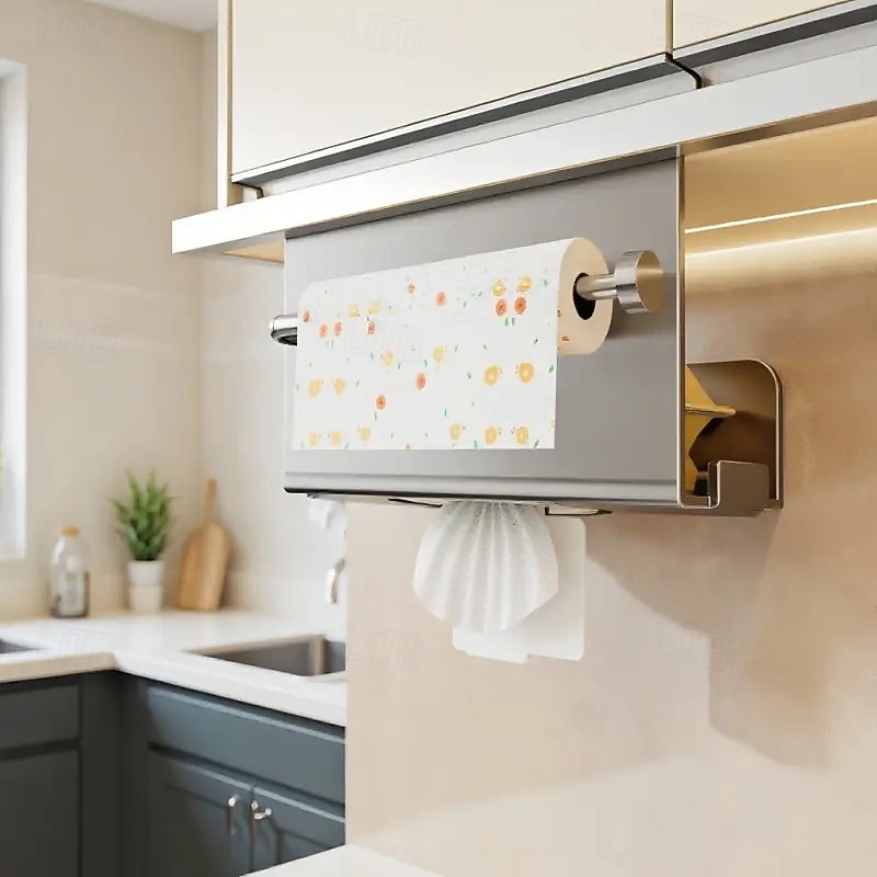 Wall-Mounted Cabinet Paper Towel Holder Under Cabinet Storage Box with Space-Saving Design Kitchen Storage Rack for Plastic Wrap and Dishcloths Modern Kitchen Countertop or Cabinet Organizer3