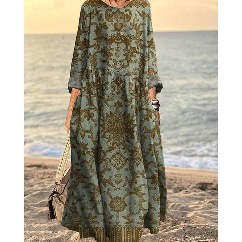 Women's Long Dress Maxi Dress Casual Dress Print Dress Elegant Fashion Modern Outdoor Daily Going out Regular Fit Graphic Long Sleeve Crew Neck Red Blue Orange Brown Spring Autumn3