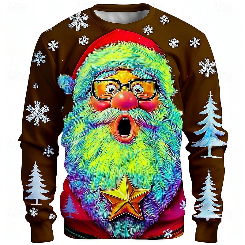 Christmas Men's Santa Claus Sweatshirt Cool Party Crew Neck Vacation Party Gift Blue Brown Crewneck 3D All Seasons Designer2