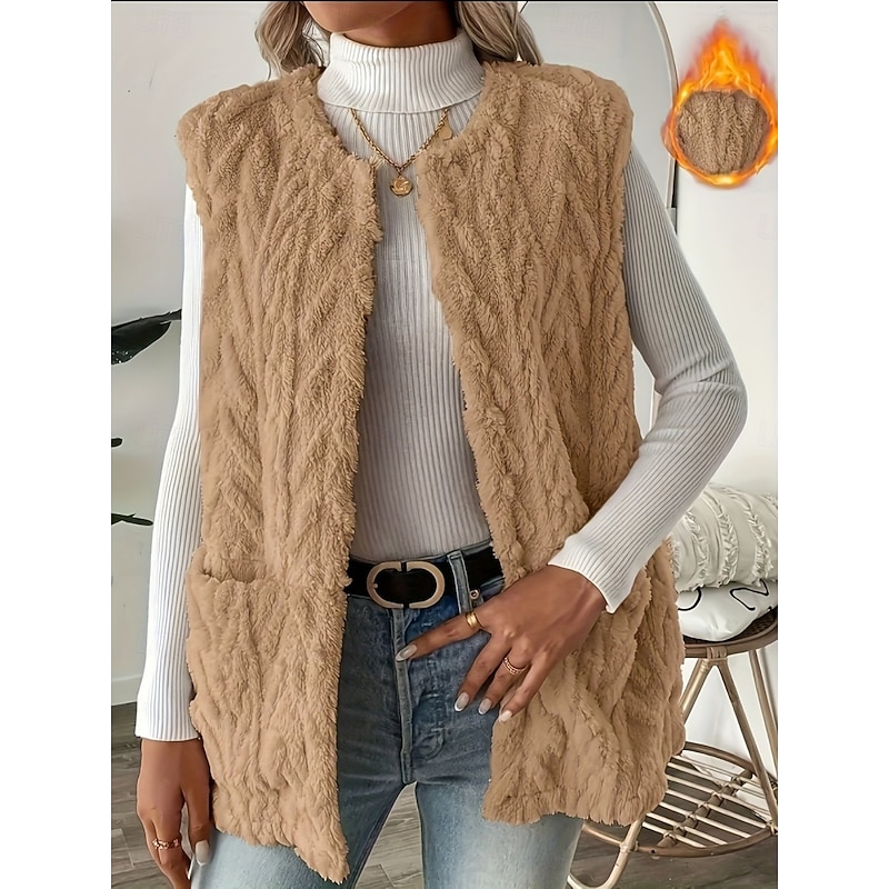 Women's Fleece Vest Comfortable Breathable Pocket Open Front Casual Plain Vacation Street Casual Daily Wear Open Front Long Crewneck Regular Fit Sleeveless Outerwear Black Brown Apricot Spring Fall4