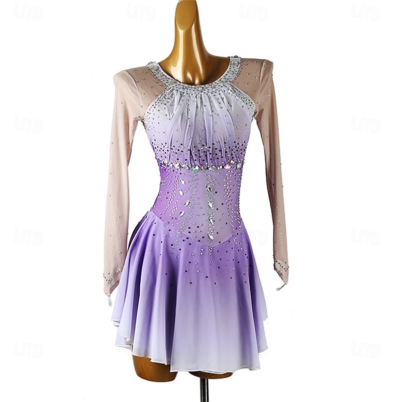 Figure Skating Dress Women's Girls' Ice Skating Dress Light Purple Patchwork Asymmetric Hem Mesh Spandex High Elasticity Training Competition Skating Wear Classic Crystal / Rhinestone Long Sleeve Ice2