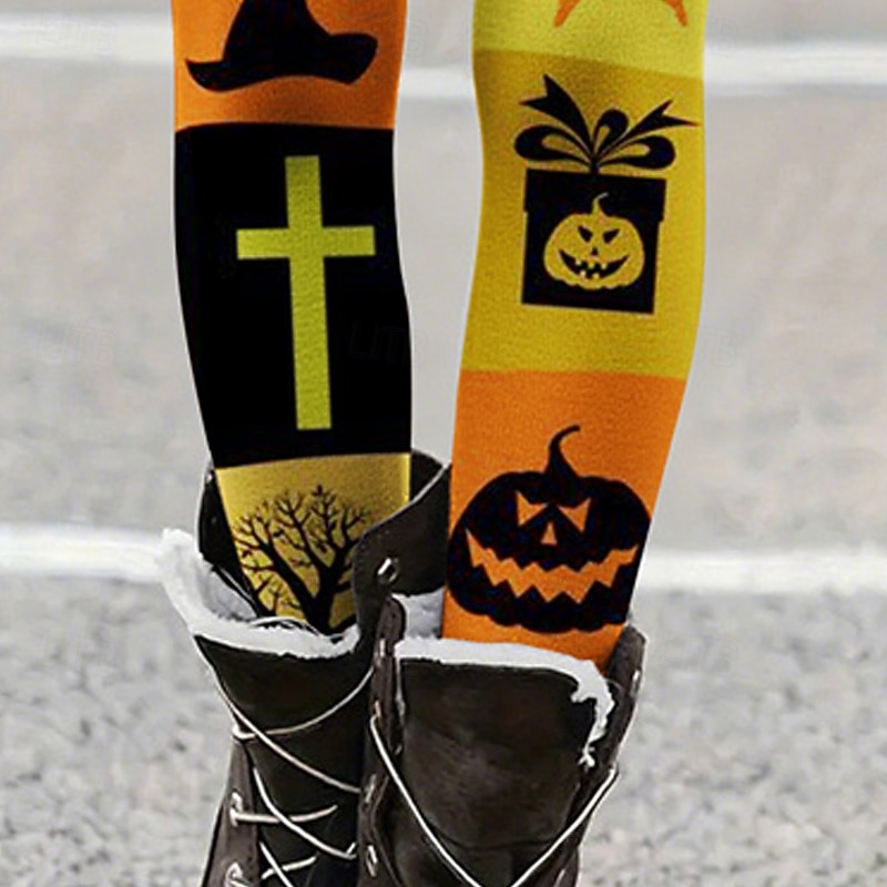 Women's Leggings Cozy Leggings Basic Casual Full Length High WaistPantsHalloween Pumpkin Printing Thermal Warm Comfortable Stretchy Vacation Casual Daily Orange Fall Winter Slim Fit3