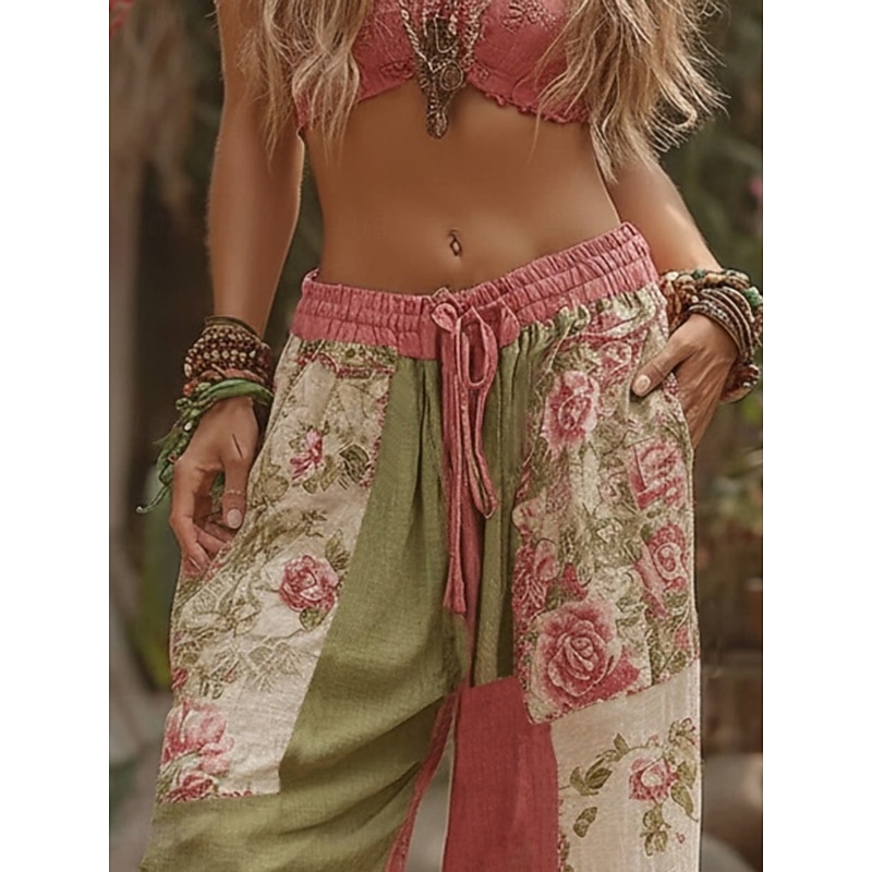 Women's Wide Leg Pants Trousers Vacation Vintage Fashion Full Length Mid Waist Floral Drawstring Patchwork Pocket Comfy Breathability Inelastic Micro-elastic Formal Outdoor Vacation Pink Summer2