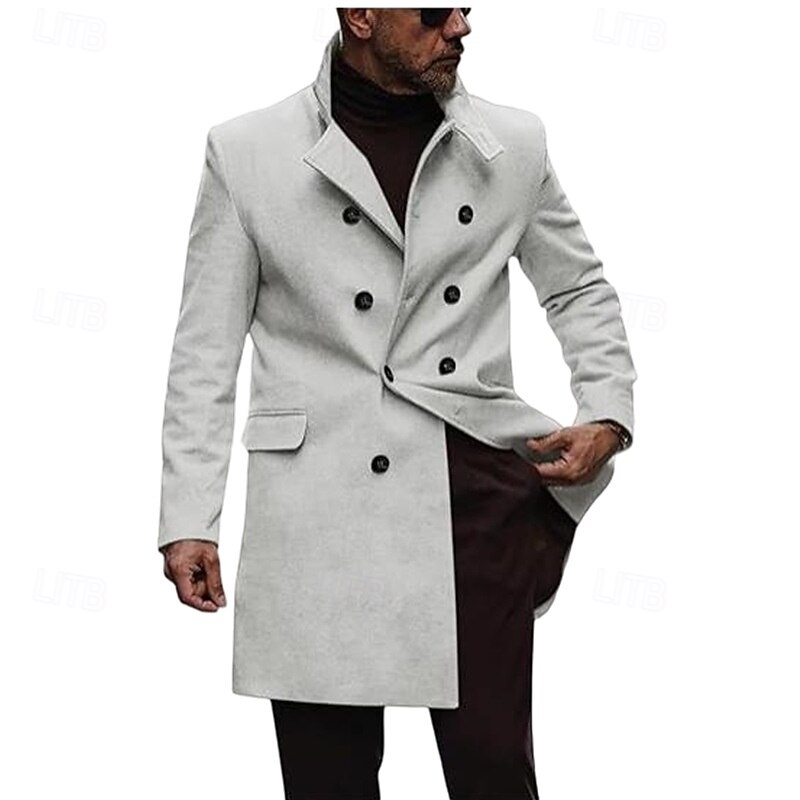 Men's Overcoat Peacoat Long Trench Coat Trench Coat Casual Fall Winter Polyester Outerwear Clothing Apparel Classic Solid Color Notched Double Breasted2