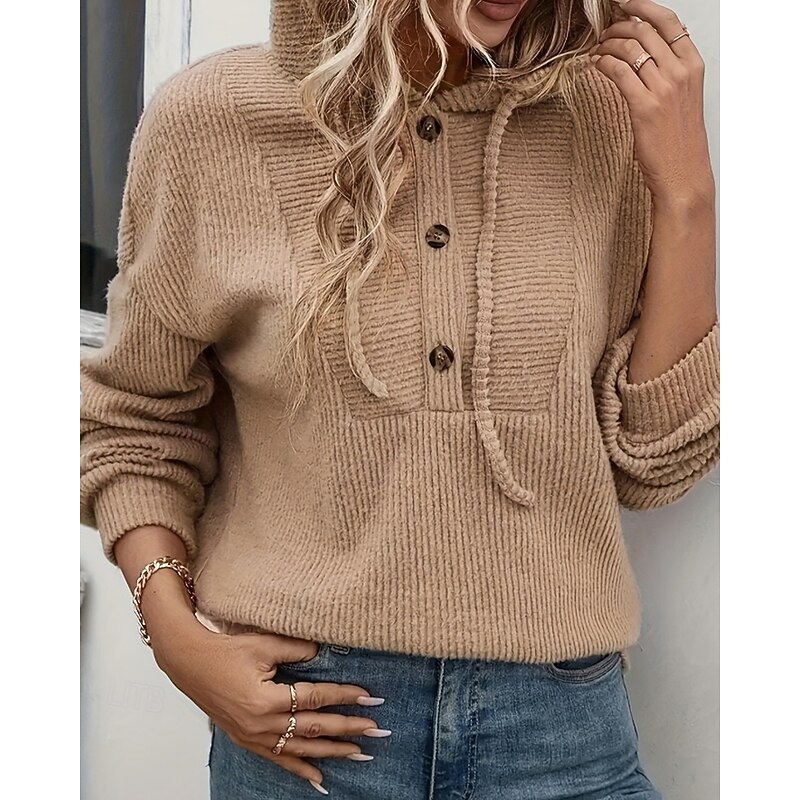 Women's Pullover Hoodie Sweatshirt Plain Casual Long Sleeve Hooded Regular Tops Street Holiday Buttons Black Dark Pink Brown Gray Light Blue Fall Winter3