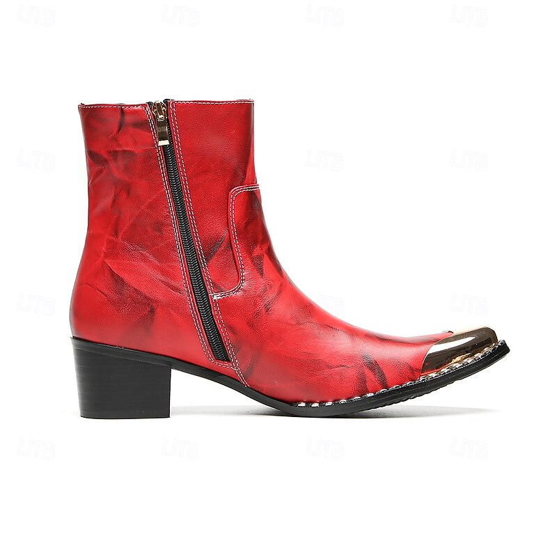 Men's Genuine Cowhide Leather Red Zip-Up Ankle Boots with Gold Floral Detail – Stylish Western Punk Boots for Festivals and Performances4