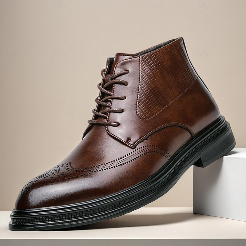 Men's Brown Faux Leather Lace-Up Boots with Sleek Modern Silhouette, Ideal for Professional Settings, Formal Events and Smart Casual Occasions
