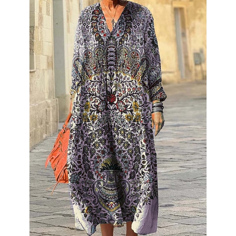 Women's Midi Dress Sundress A Line Dress Vacation Casual Boho Going out Beach Loose Fit Graphic Geometric Long Sleeve V Neck Pink Blue Green Apricot Spring Fall Winter Autumn3