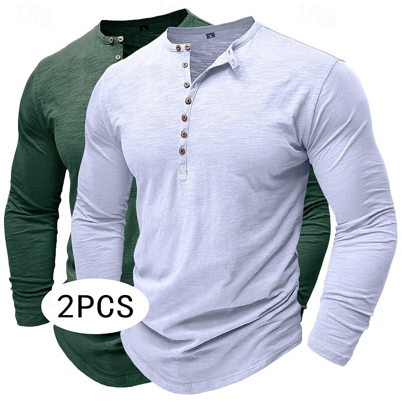 Men's Henley Shirt Tee Top Long Sleeve Shirt Long Sleeve Solid Color Plain Fashion Daily Casual 2 Piece Buttons Henley Outdoor Casual Summer All Seasons Brown+Green Dark Blue / Light Blue White+Green