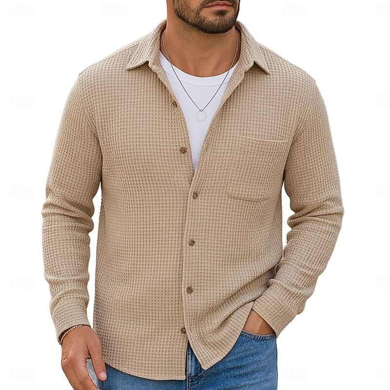 Men's Shirt Waffle Shirt Summer Shirt Casual Shirt Button Up Shirt Black Burgundy Blue Green khaki Long Sleeve Plain Textured Lapel Vacation Casual Pocket Clothing Apparel Fashion Casual Comfortable4