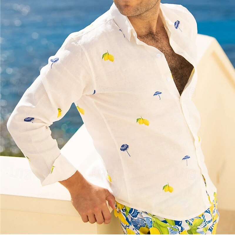 Men's Lemon Shirt Summer Hawaiian Shirt Aloha Shirt Long Sleeve Shirt Turndown Tropical Fashion Streetwear Street Casual Hawaiian White S M L