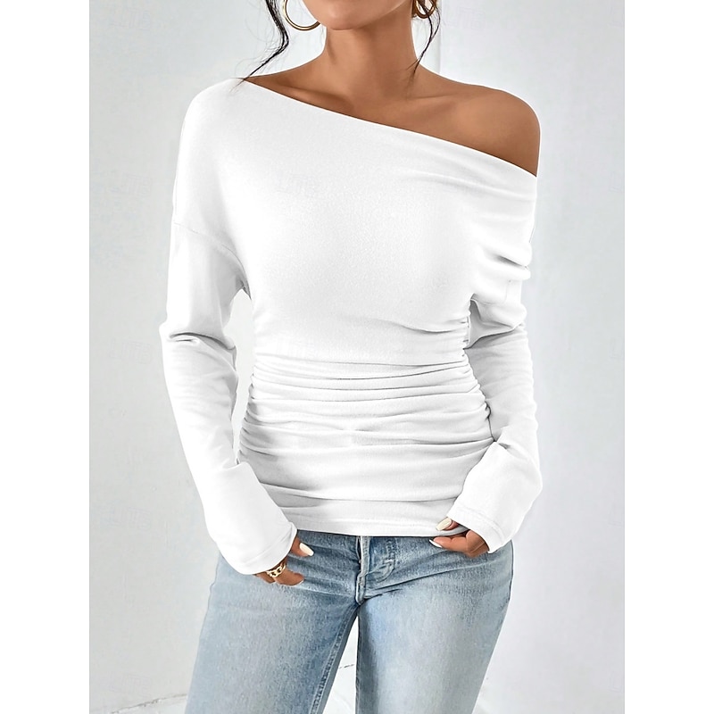 Women's Blouse Solid Color Stylish Casual Long Sleeve Cold Shoulder Regular Tops Daily Ruched Black White Yellow Red Gray Spring Fall