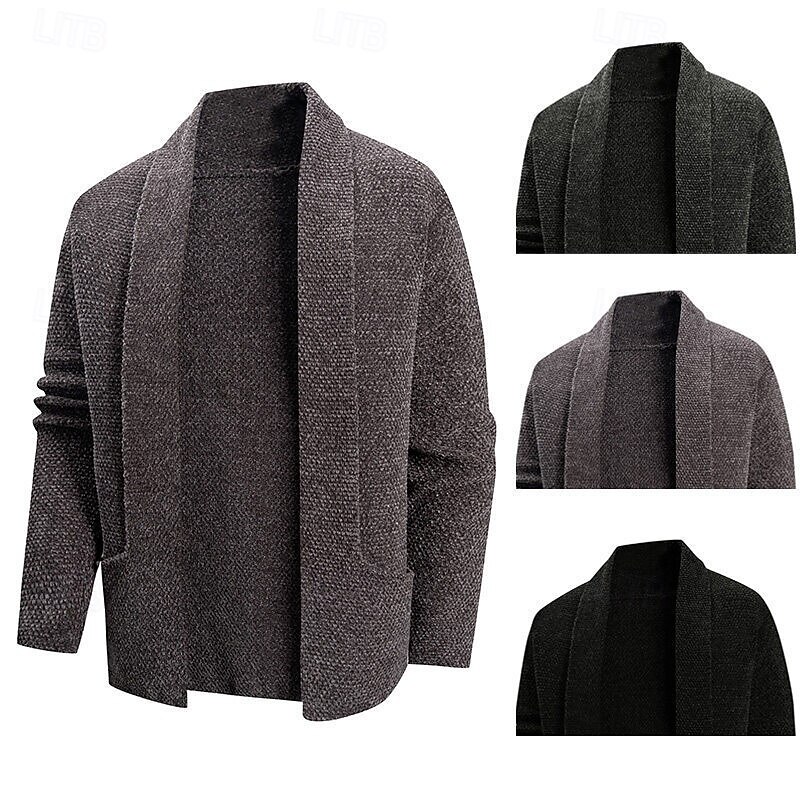 Men's Sweater Cardigan Sweater Ribbed Knit Short Knitted Plain Fold-over Collar Vacation Fashion Casual Daily Wear Clothing Apparel Spring &  Fall Black Coffee M L XL