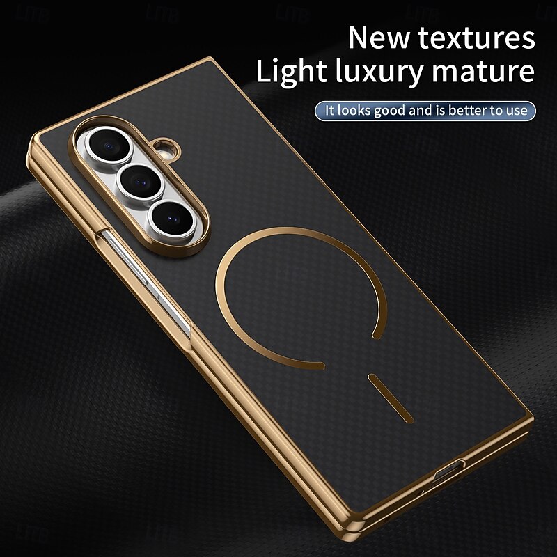 Phone Case For Samsung Galaxy Z Fold 7 Z Fold 6 Z Fold 5 Z Fold 4 Z Fold 3 Back Cover with Screen Protector Magnetic Support Wireless Charging Retro Plating PC PU Leather3