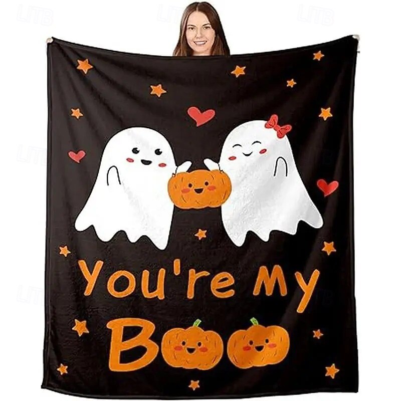 Halloween Ghost Cartoon Flannel Blanket - Reversible All-Season Knitted Throw, Digital Print Multipurpose Cozy Bedding, 100% Polyester,  Ideal for Christmas Valentine'S Gift