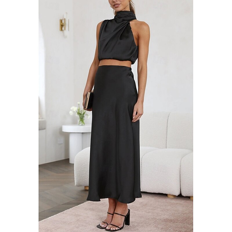 Women's Dress Set Sheath Dress Elegant Plain Ruched Midi Dress Sleeveless High Neck Formal Party Black White Pink Spring Fall Regular Fit3