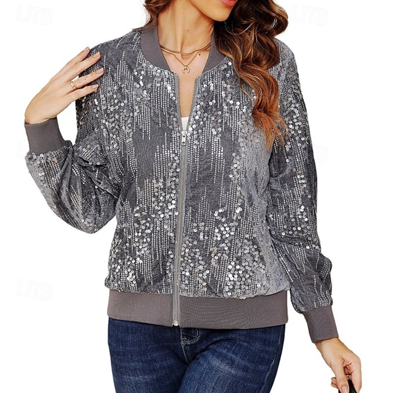 Women's Bomber Jacket Casual Jacket Comfortable Breathable Sequin Fashion Daily Plain Outdoor Casual Daily Zipper Regular Stand Collar Regular Fit Long Sleeve Outerwear Black Gray Spring Fall
