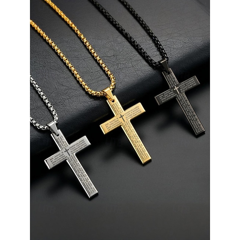 Men's Titanium Steel Cross Pendant Necklace with Lord's Prayer Engraving, Religious Jewelry Chain for Christian Faith, Daily Wear and Gifts3