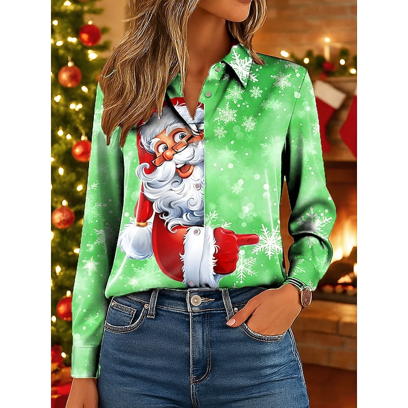 Christmas Women's Shirt Graphic Santa Claus Elegant Vintage Tropical Long Sleeve Shirt Collar Regular Tops Work Daily Holiday Yellow Blue Purple Green Gray Fall Winter4
