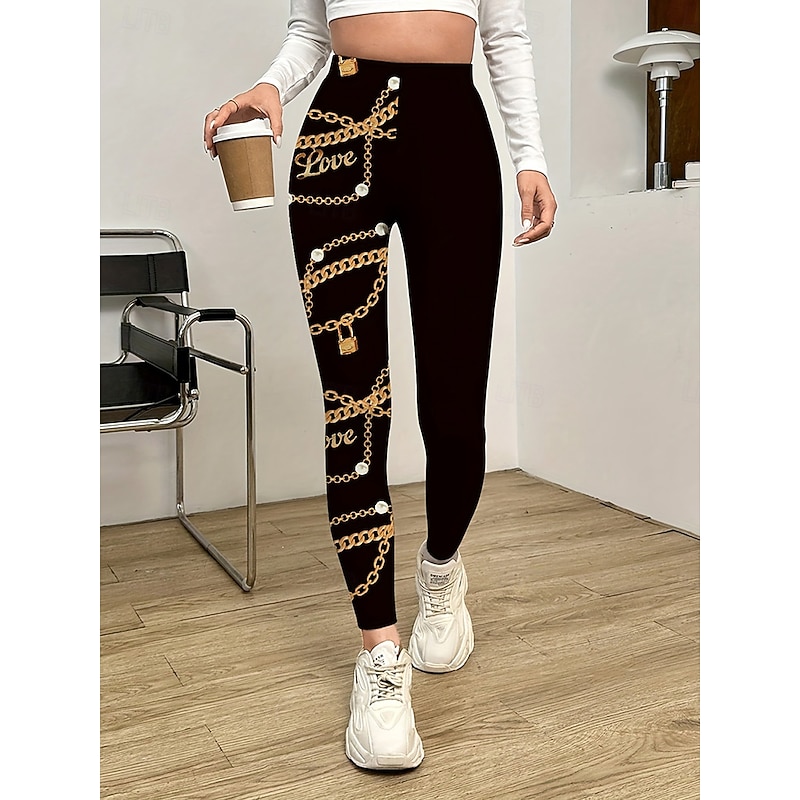 Women's Slacks Leggings Cozy Leggings Vacation Vintage Streetwear Full Length Natural Graphic Chains Print Elastic Waist Print Comfy Outdoor Comfortable Stretchy Outdoor Vacation Streetwear Black