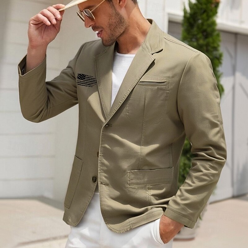 Men's American US Flag Blazer Cotton Suit Jacket Suits Coat Casual Outdoor Dailywear Multiple Pockets Three Button Stripe Lined Suit Jacket Fall Winter Notch lapel collar Long Sleeve khaki Army Green2