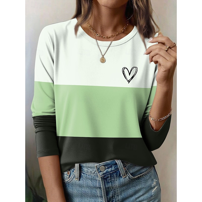 Women's T Shirt Heart Graphic Geometric Vintage Fashion Stylish Long Sleeve Crew Neck Round Neck Regular Tops Daily Weekend Print Blue Purple Green Khaki Summer Spring Fall4