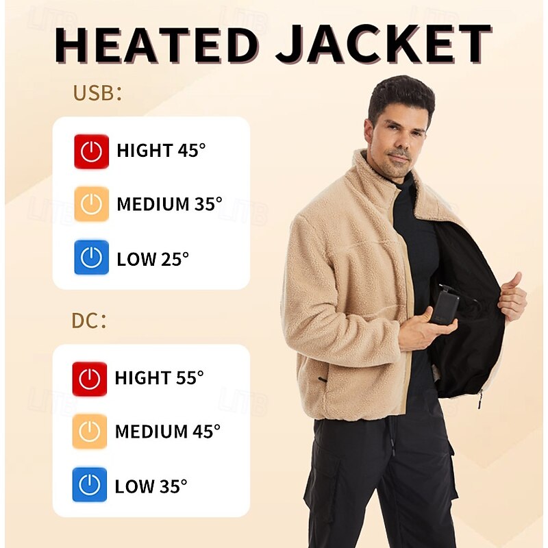 Men's Fleece Jacket Heated Jacket Formal Home Pocket Fall Winter Solid Color Active Neutral Shirt Collar Regular Black Khaki Jacket(Batteries not included)3