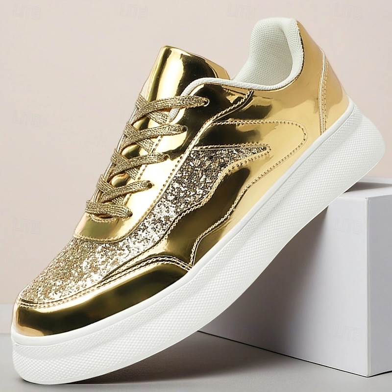 Men's Gold Glitter Sneakers – Shiny Fashion Sports Shoes with Lace-Up Design for Party, Streetwear and Night Out