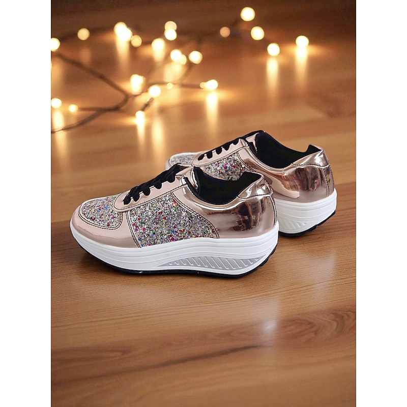 Women's Glitter Platform Sneakers - Fashion Lace-Up Chunky Sole Casual Shoes for Nightlife & Party Outfits4